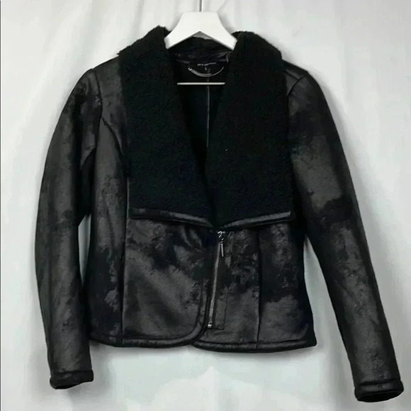 H by Halston Womens Jacket 8 Black Faux Shearling Shawl Collar Asym Zip Pockets - Picture 1 of 14